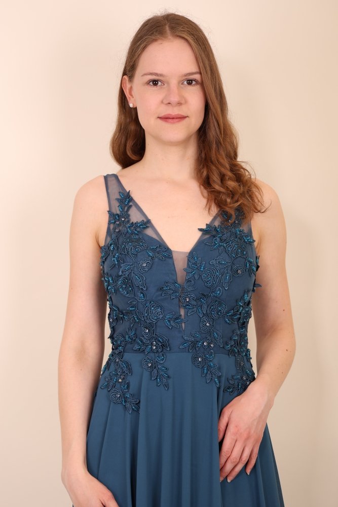 Bodenlanges Kleid mit floraler Spitze, petrol - Dein Kleiderladen