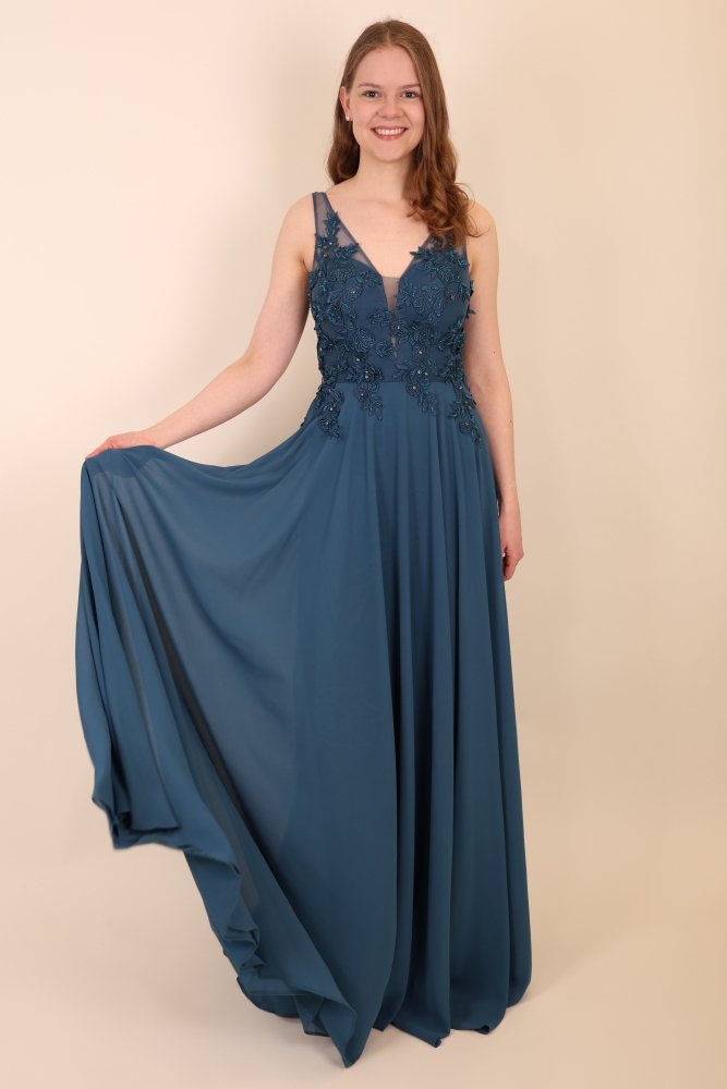 Bodenlanges Kleid mit floraler Spitze, petrol - Dein Kleiderladen