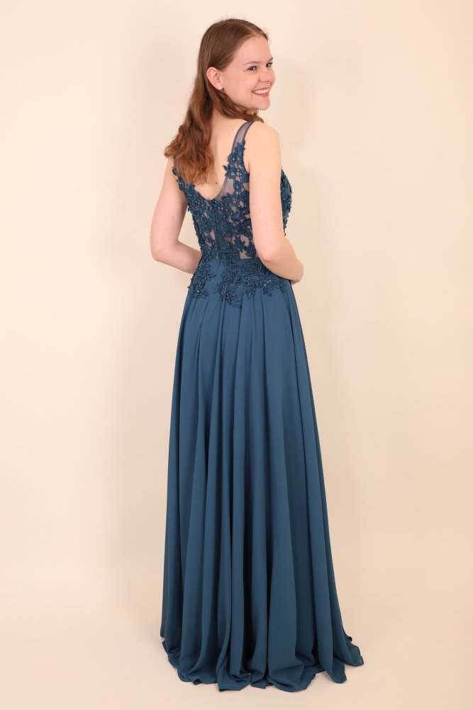 Bodenlanges Kleid mit floraler Spitze, petrol - Dein Kleiderladen