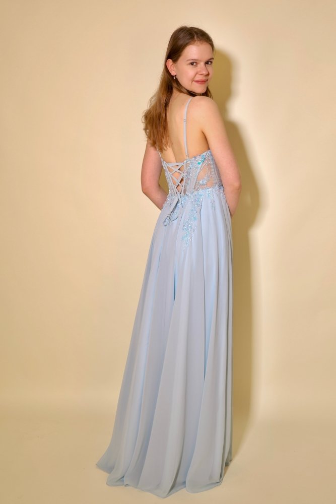 Chiffon Abendkleid floral bestickter Corsage, Rückenschnürung und Beinschlitz, hellblau - Dein Kleiderladen