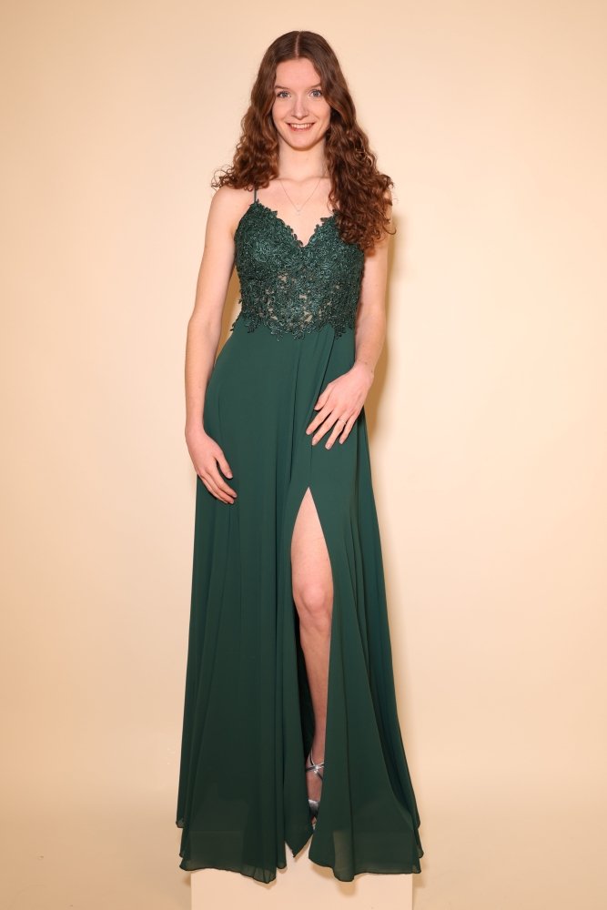 Chiffon Abendkleid mit floraler Spitzenoberteil, Schnürung & Schlitz, dunkelgrün - Dein Kleiderladen