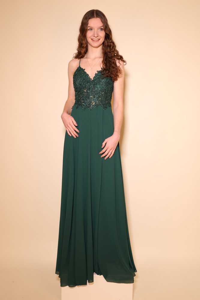 Chiffon Abendkleid mit floraler Spitzenoberteil, Schnürung & Schlitz, dunkelgrün - Dein Kleiderladen