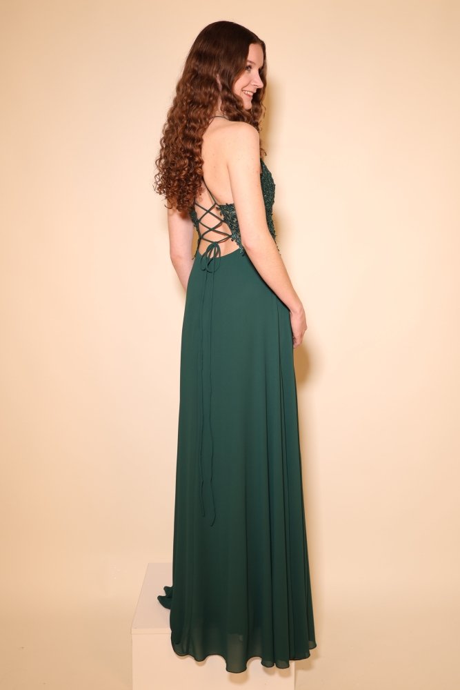 Chiffon Abendkleid mit floraler Spitzenoberteil, Schnürung & Schlitz, dunkelgrün - Dein Kleiderladen