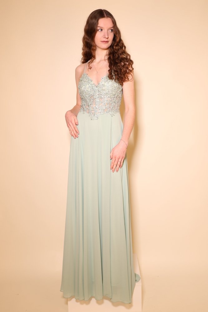 Chiffon Abendkleid mit floraler Spitzenoberteil, Schnürung & Schlitz, mint - Dein Kleiderladen