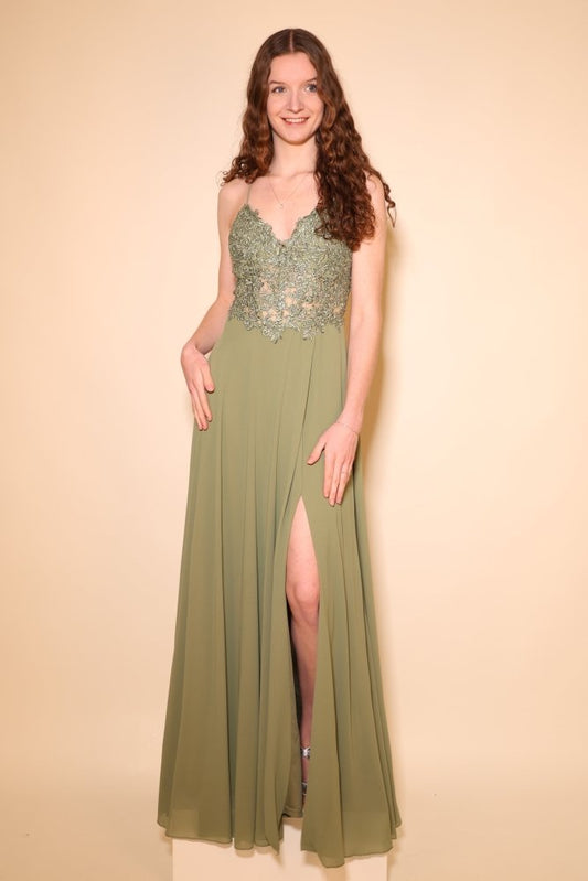Chiffon Abendkleid mit floraler Spitzenoberteil, Schnürung & Schlitz, oliv - Dein Kleiderladen