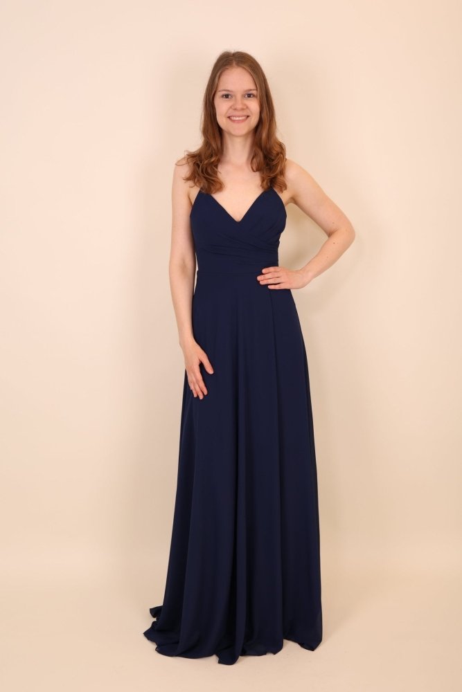 Chiffonkleid mit Schnürung, hohem Beinschlitz und Raffungen, dunkelblau - Dein Kleiderladen