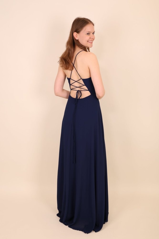 Chiffonkleid mit Schnürung, hohem Beinschlitz und Raffungen, dunkelblau - Dein Kleiderladen