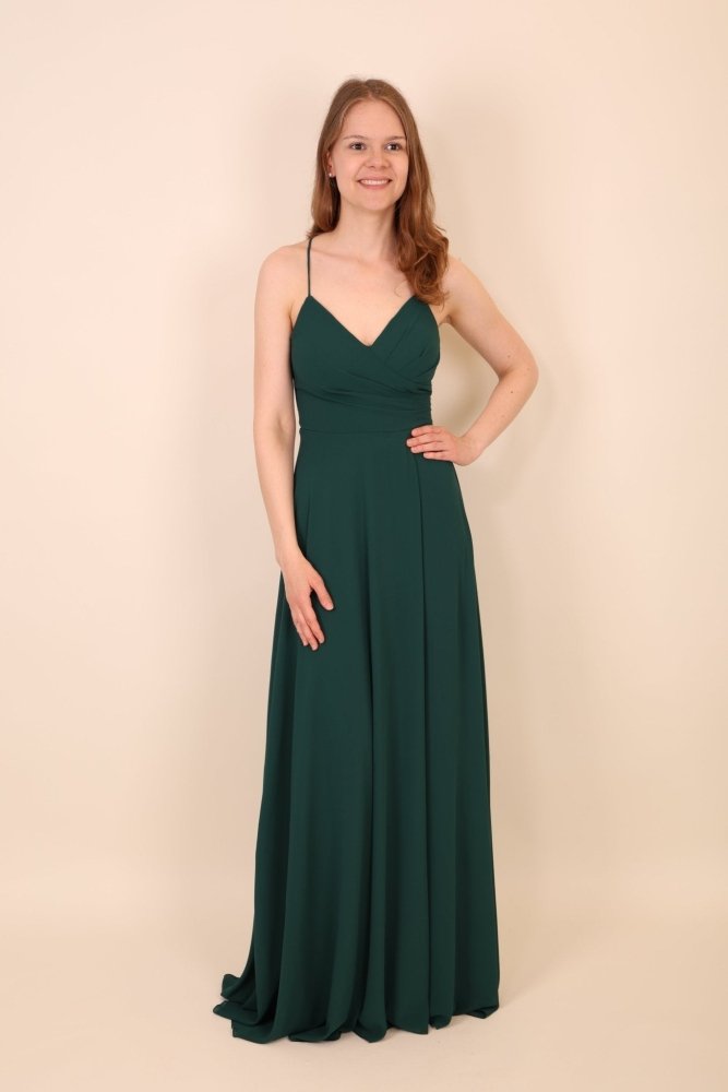 Chiffonkleid mit Schnürung, hohem Beinschlitz und Raffungen, dunkelgrün - Dein Kleiderladen