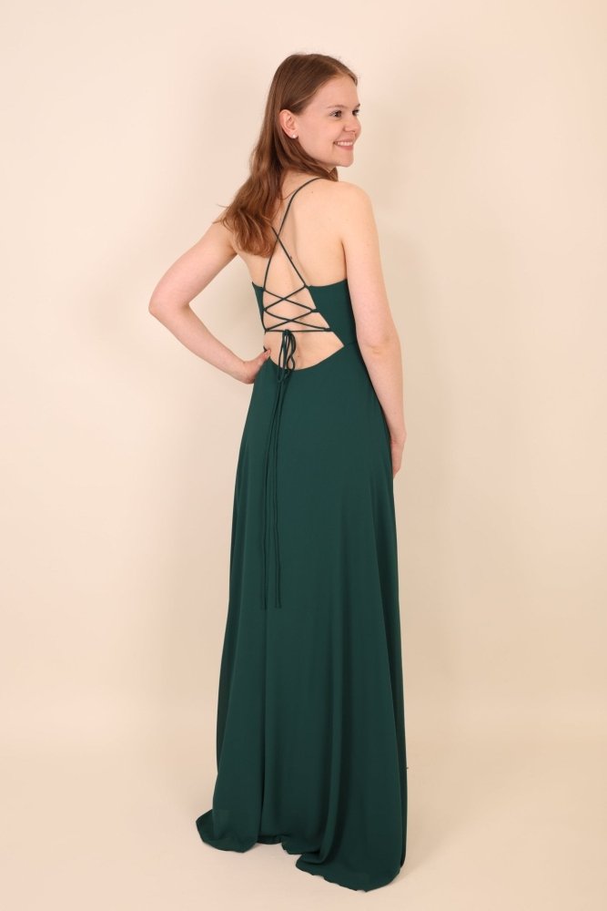 Chiffonkleid mit Schnürung, hohem Beinschlitz und Raffungen, dunkelgrün - Dein Kleiderladen