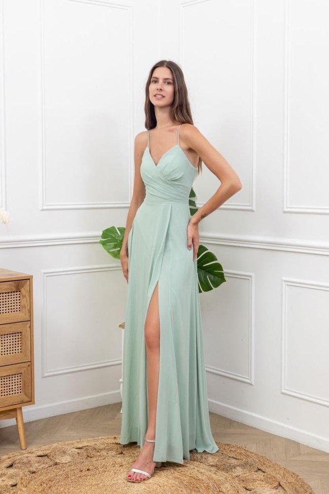 Chiffonkleid mit Schnürung, hohem Beinschlitz und Raffungen, mint - Dein Kleiderladen