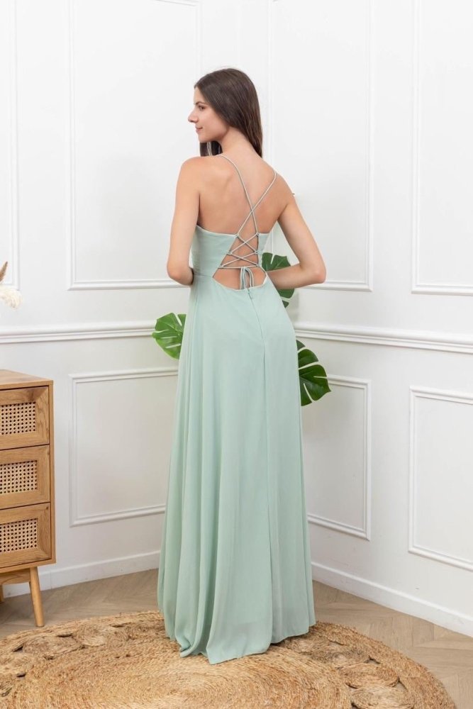 Chiffonkleid mit Schnürung, hohem Beinschlitz und Raffungen, mint - Dein Kleiderladen