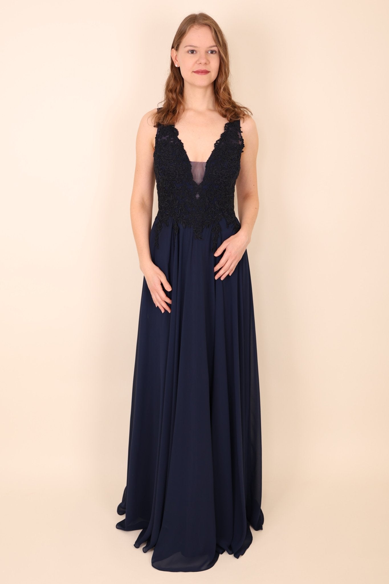 Chiffonkleid mit Spitze, dunkelblau - Dein Kleiderladen