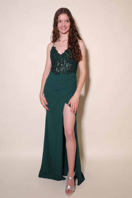Chiffonkleid mit Spitzenoberteil, Schnürung & Schlitz, dunkelgrün - Dein Kleiderladen