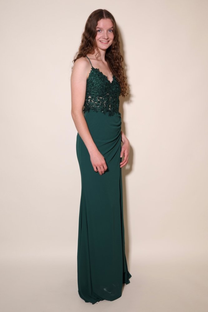 Chiffonkleid mit Spitzenoberteil, Schnürung & Schlitz, dunkelgrün - Dein Kleiderladen