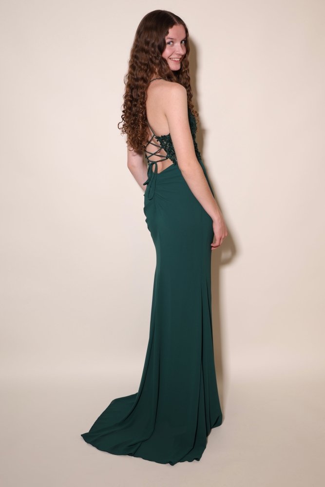 Chiffonkleid mit Spitzenoberteil, Schnürung & Schlitz, dunkelgrün - Dein Kleiderladen