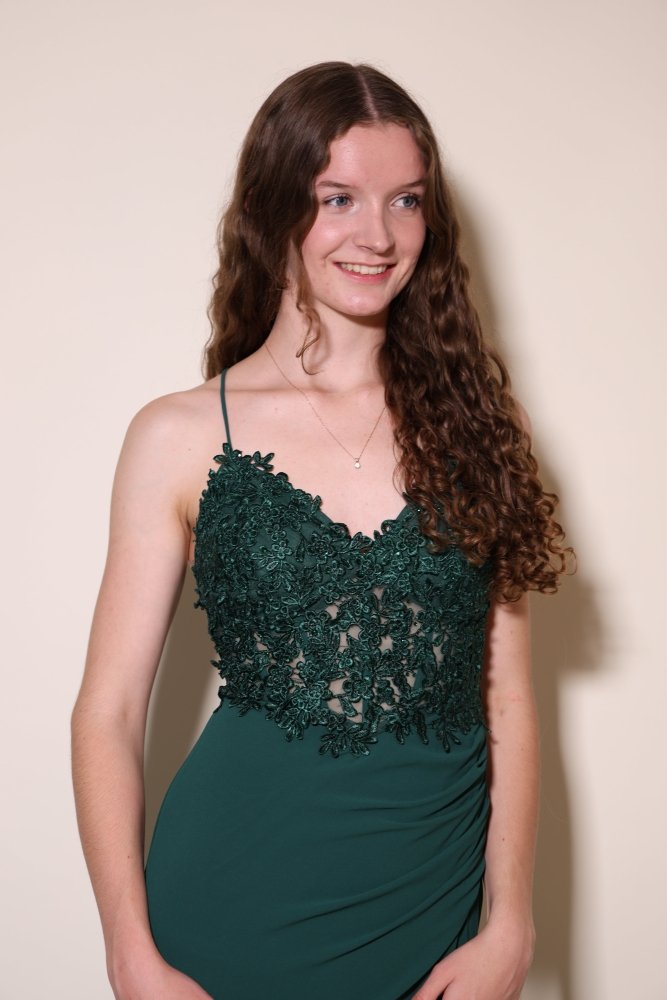 Chiffonkleid mit Spitzenoberteil, Schnürung & Schlitz, dunkelgrün - Dein Kleiderladen