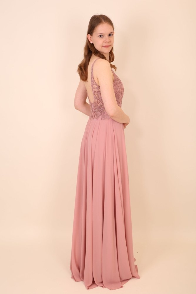 Chiffonkleid mit Ziersteinen, floraler Spitze und weich fallendem Rock, rosa - Dein Kleiderladen