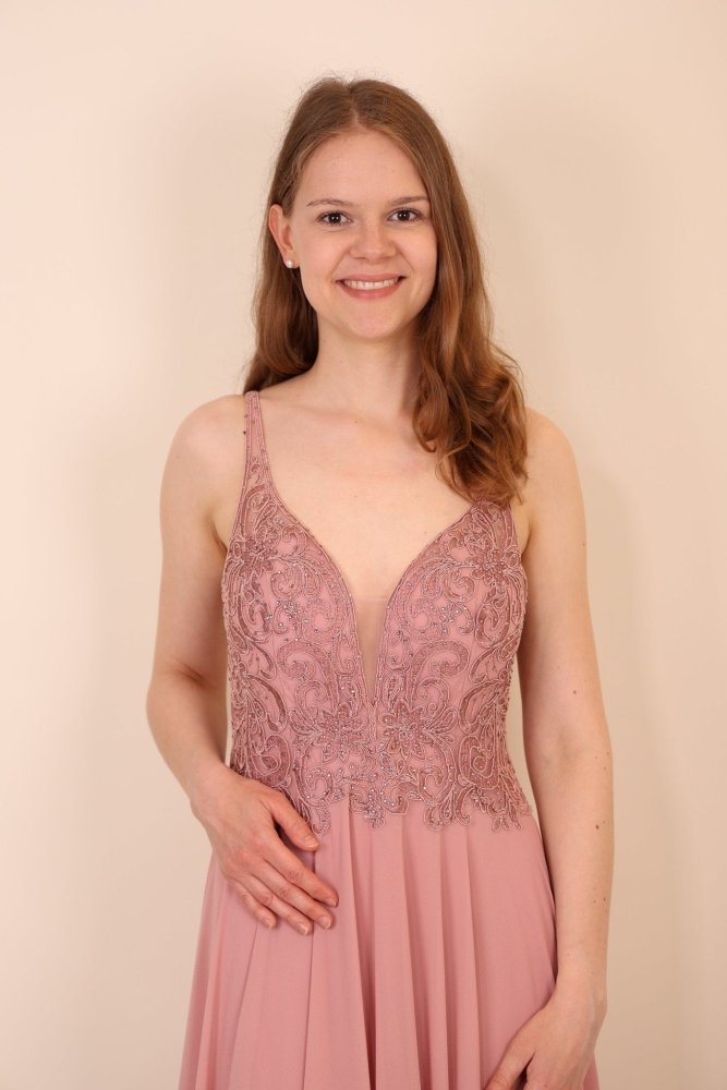 Chiffonkleid mit Ziersteinen, floraler Spitze und weich fallendem Rock, rosa - Dein Kleiderladen