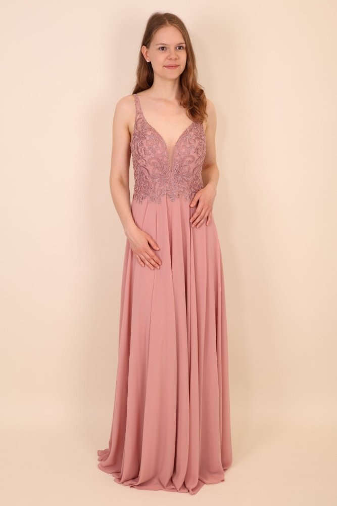 Chiffonkleid mit Ziersteinen, floraler Spitze und weich fallendem Rock, rosa - Dein Kleiderladen
