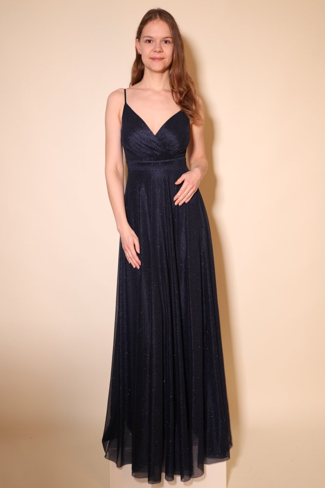 Elegantes Glitzer - Abendkleid mit V - Ausschnitt, dunkelblau - Dein Kleiderladen