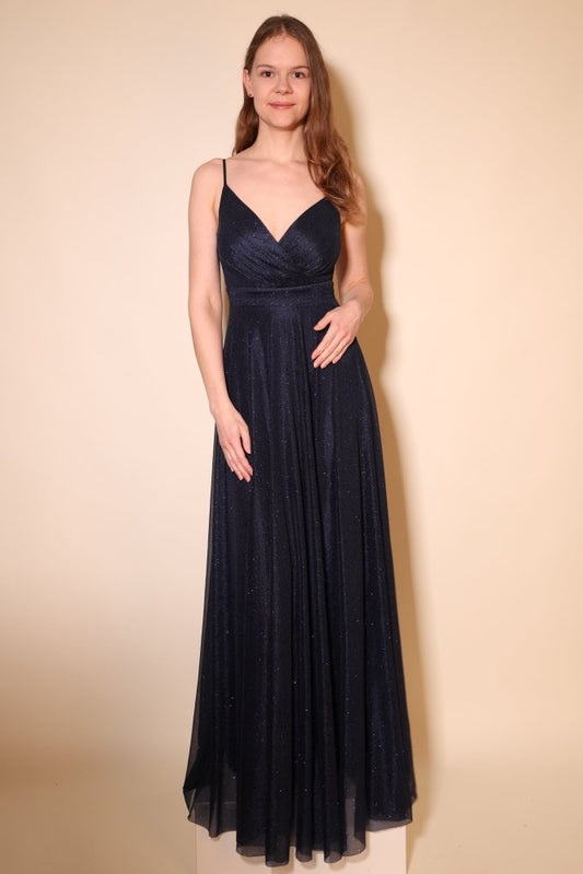 Elegantes Glitzer - Abendkleid mit V - Ausschnitt, dunkelblau - Dein Kleiderladen