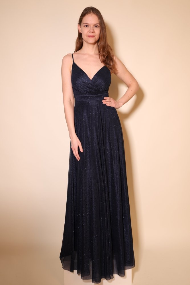 Elegantes Glitzer - Abendkleid mit V - Ausschnitt, dunkelblau - Dein Kleiderladen