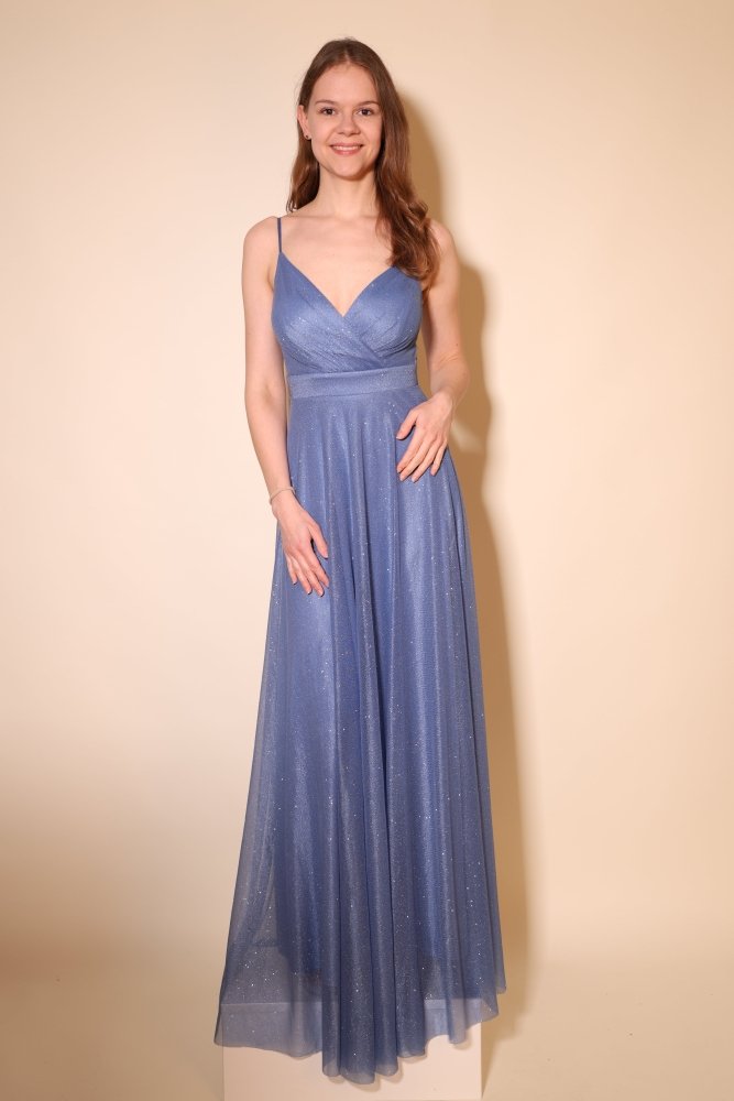 Elegantes Glitzer - Abendkleid mit V - Ausschnitt, graublau - Dein Kleiderladen