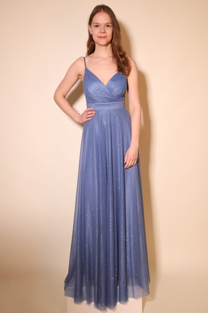 Elegantes Glitzer - Abendkleid mit V - Ausschnitt, graublau - Dein Kleiderladen