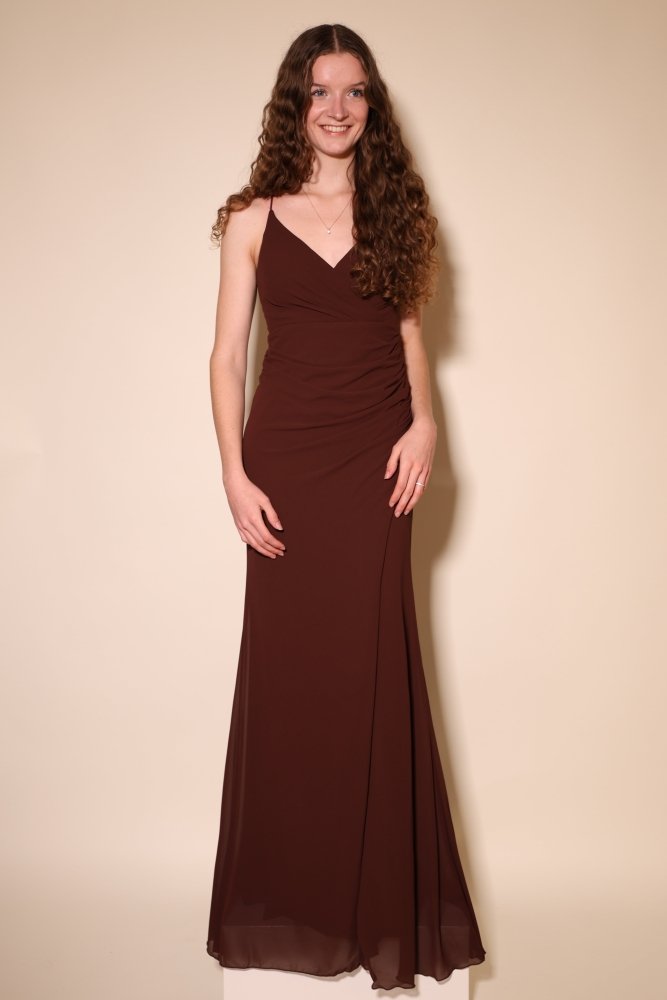 enganliegendes Chiffon Abendkleid mit Schnürung und Schlitz, braun - Dein Kleiderladen