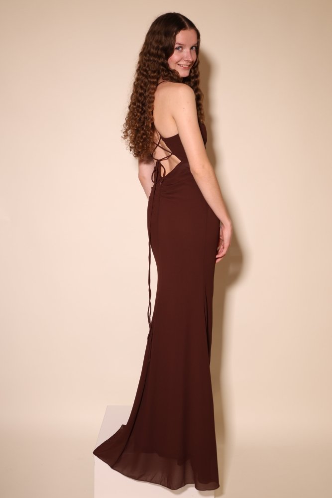 enganliegendes Chiffon Abendkleid mit Schnürung und Schlitz, braun - Dein Kleiderladen