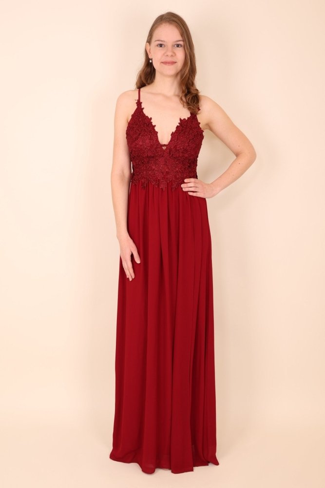 Festliches Chiffonkleid mit Spitze und Schlitz, dunkelrot - Dein Kleiderladen