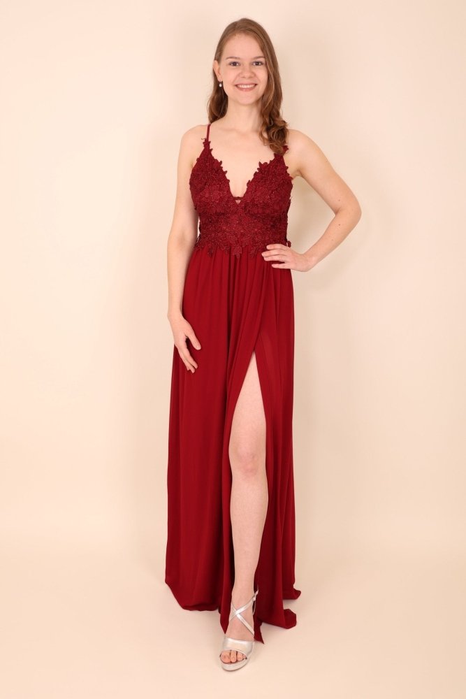 Festliches Chiffonkleid mit Spitze und Schlitz, dunkelrot - Dein Kleiderladen