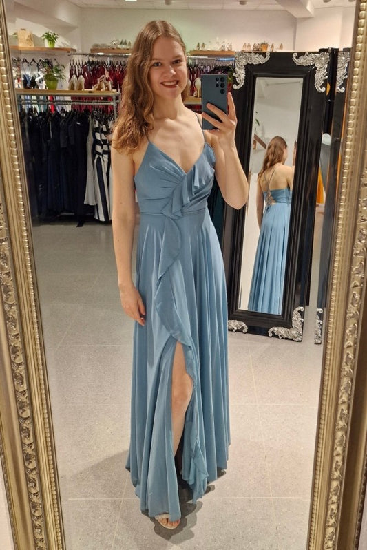 Festliches Volantkleid mit Schnürung und Schlitz, ozeanwelle - Dein Kleiderladen