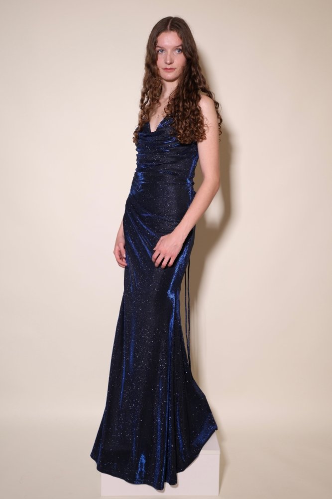 glitzerndes Abiballkleid mit Schnürung & Schlitz, dunkelblau - Dein Kleiderladen