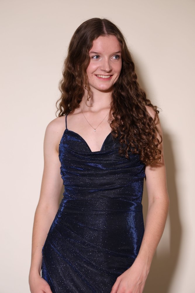 glitzerndes Abiballkleid mit Schnürung & Schlitz, dunkelblau - Dein Kleiderladen