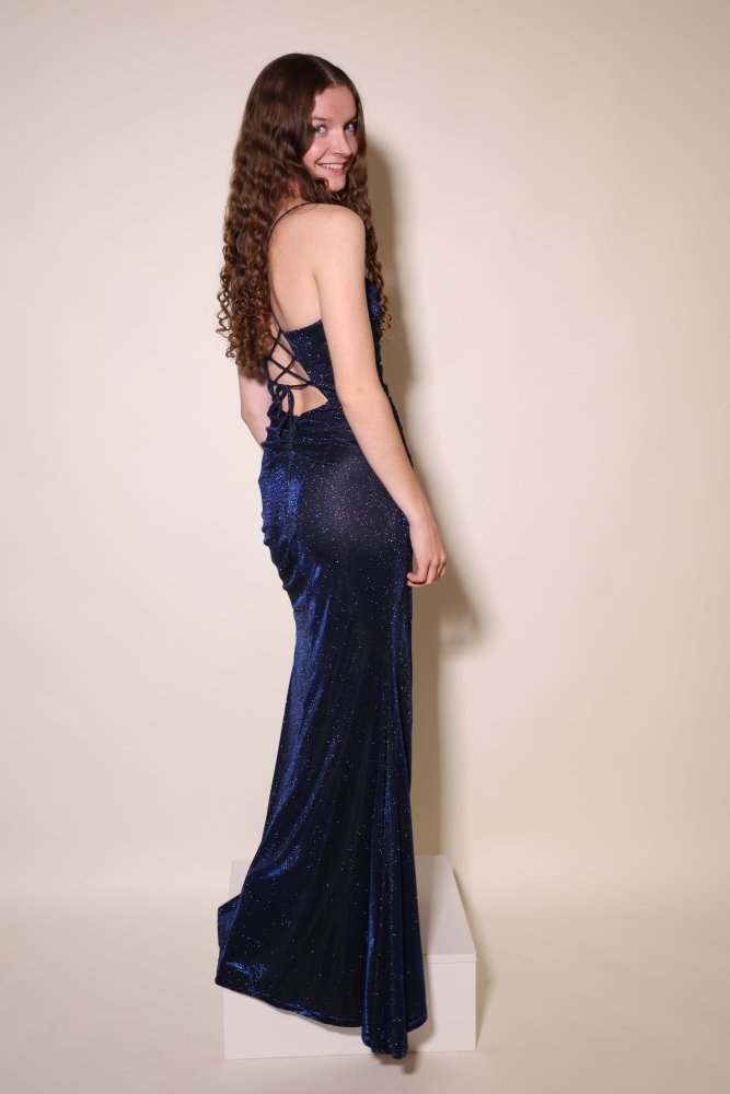 glitzerndes Abiballkleid mit Schnürung & Schlitz, dunkelblau - Dein Kleiderladen