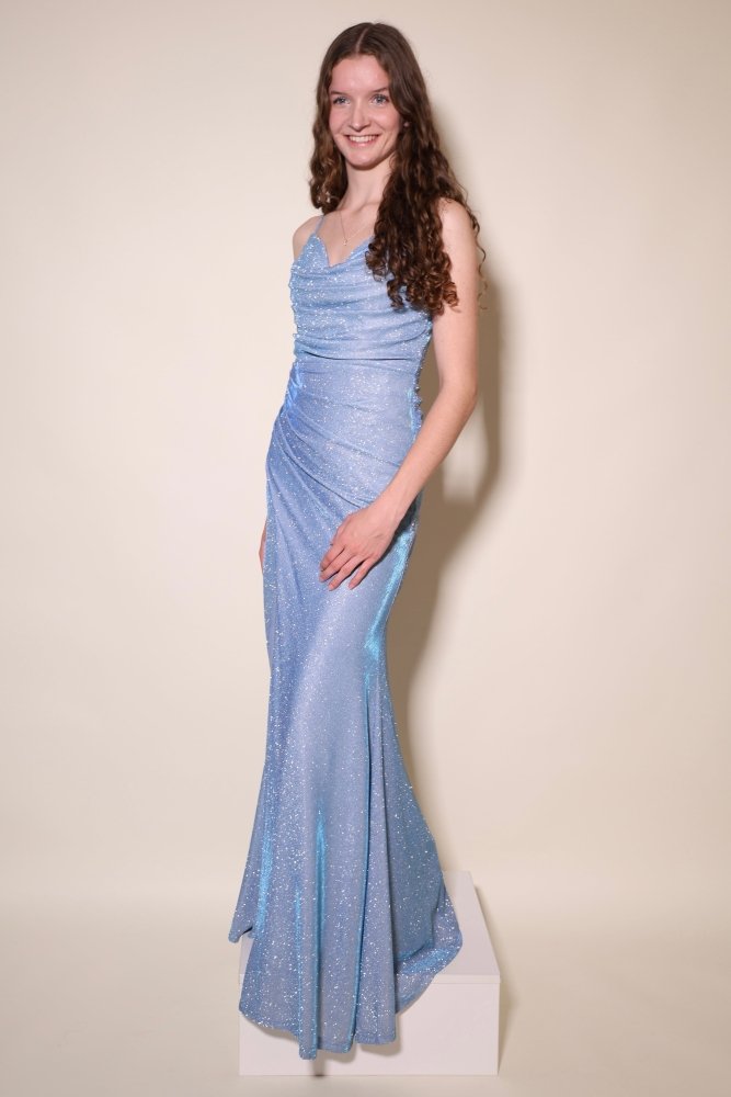 glitzerndes Abiballkleid mit Schnürung & Schlitz, hellblau - Dein Kleiderladen