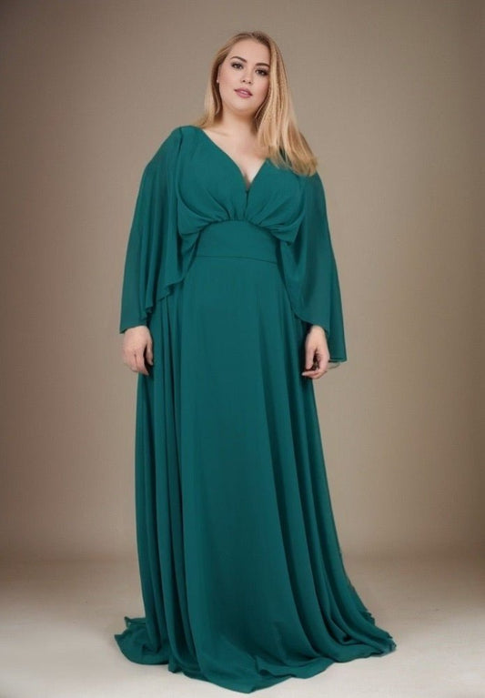 Große Größen Abendkleid mit langen Armen und Raffungen, dunkelgrün - Dein Kleiderladen