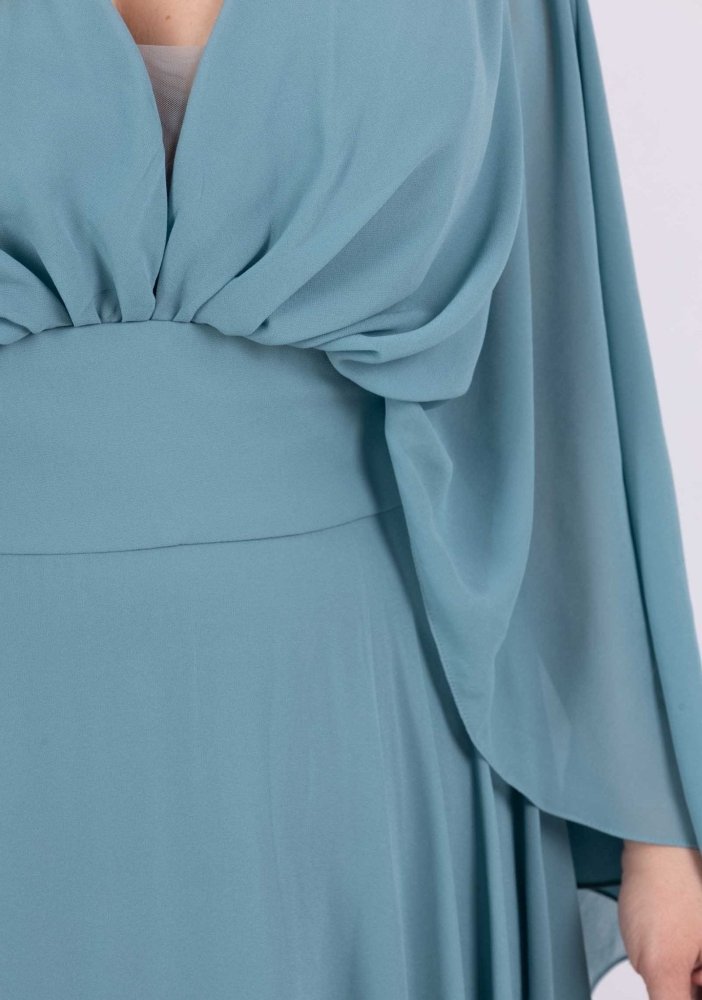 Große Größen Abendkleid mit langen Armen und Raffungen, ozeanwelle - Dein Kleiderladen