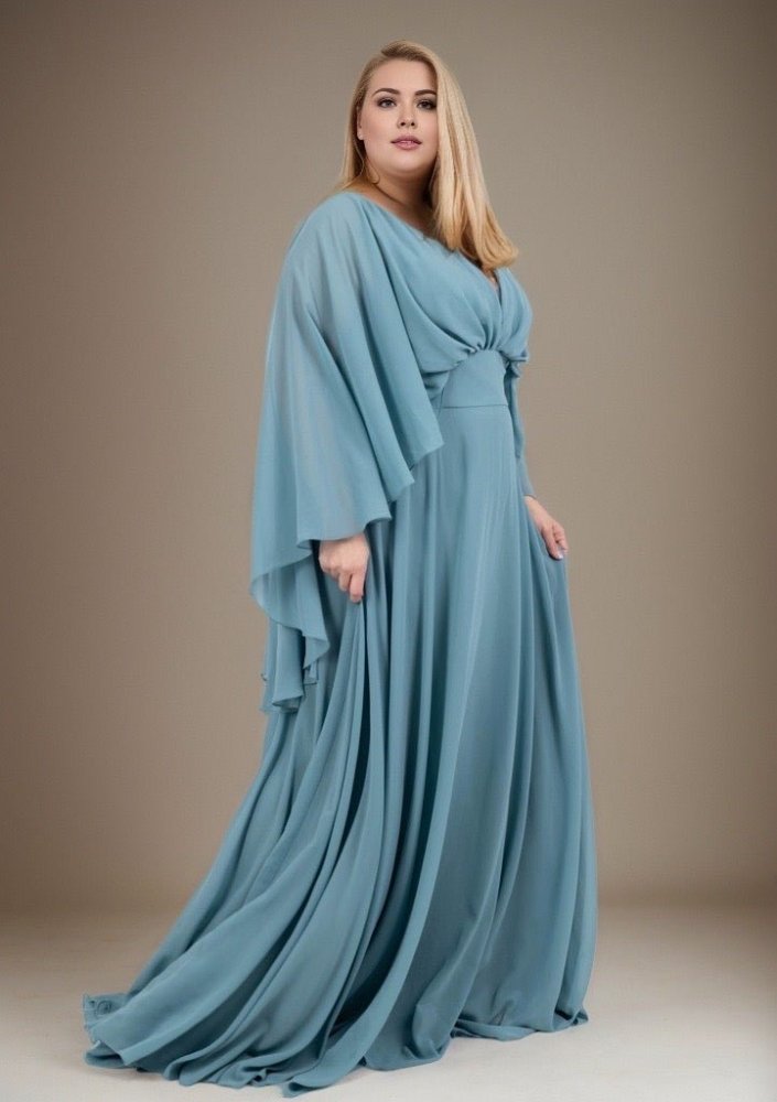 Große Größen Abendkleid mit langen Armen und Raffungen, ozeanwelle - Dein Kleiderladen