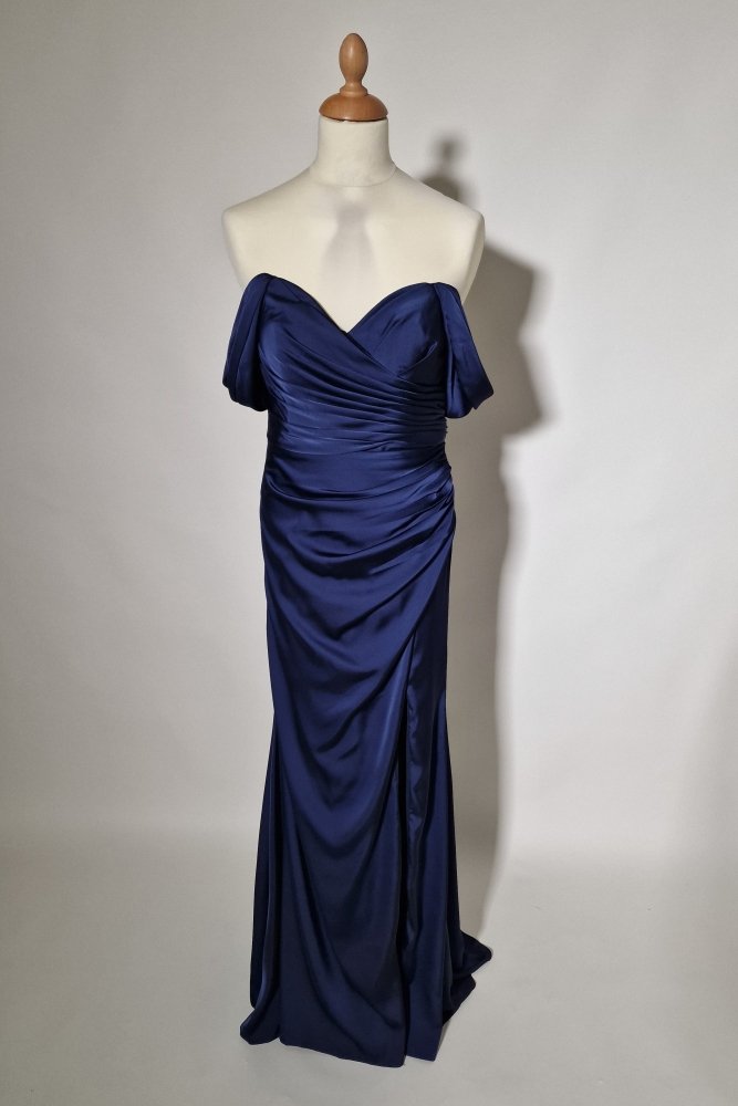 Große Größen Satin - Abendkleid mit Schnürung, Raffungen und Schlitz, dunkelblau - Dein Kleiderladen