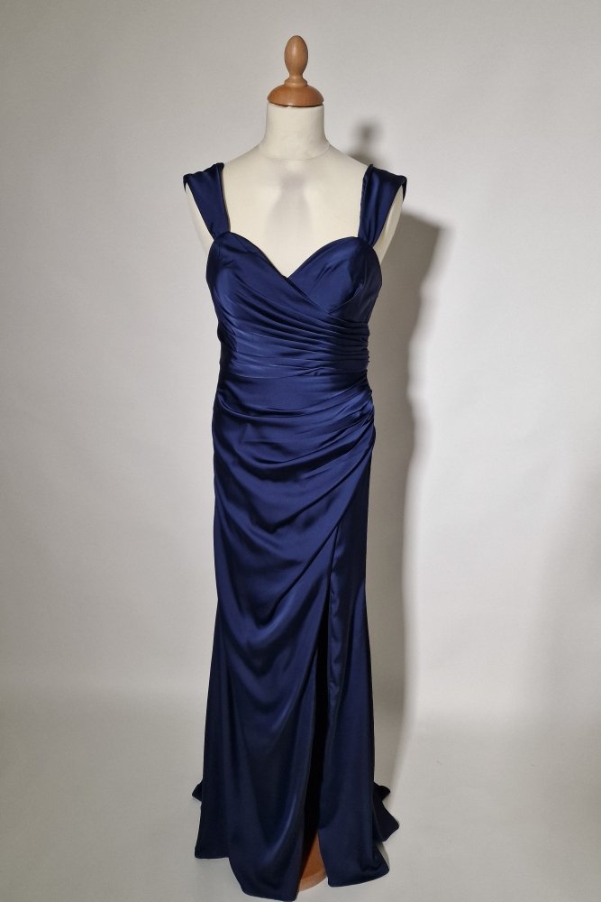 Große Größen Satin - Abendkleid mit Schnürung, Raffungen und Schlitz, dunkelblau - Dein Kleiderladen