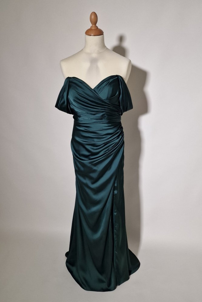 Große Größen Satin - Abendkleid mit Schnürung, Raffungen und Schlitz, dunkelgrün - Dein Kleiderladen