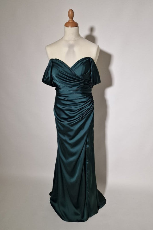 Große Größen Satin - Abendkleid mit Schnürung, Raffungen und Schlitz, dunkelgrün - Dein Kleiderladen