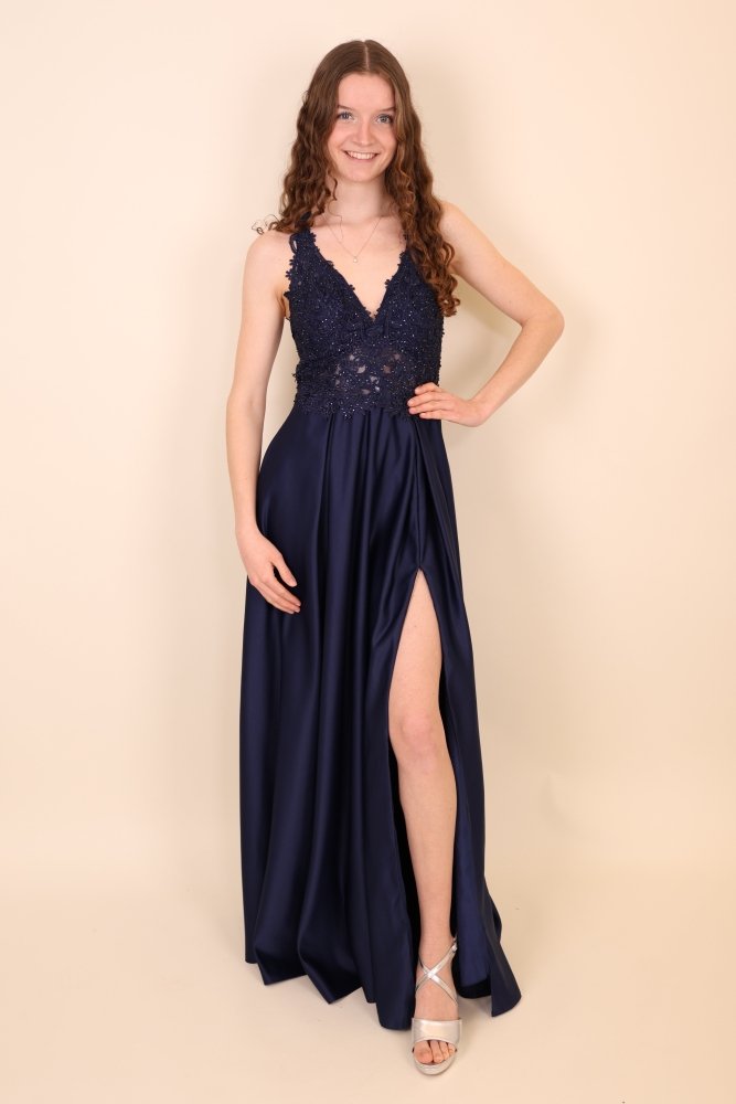 Große Größen Satinkleid mit Rundrückenausschnitt & Schlitz, dunkelblau - Dein Kleiderladen