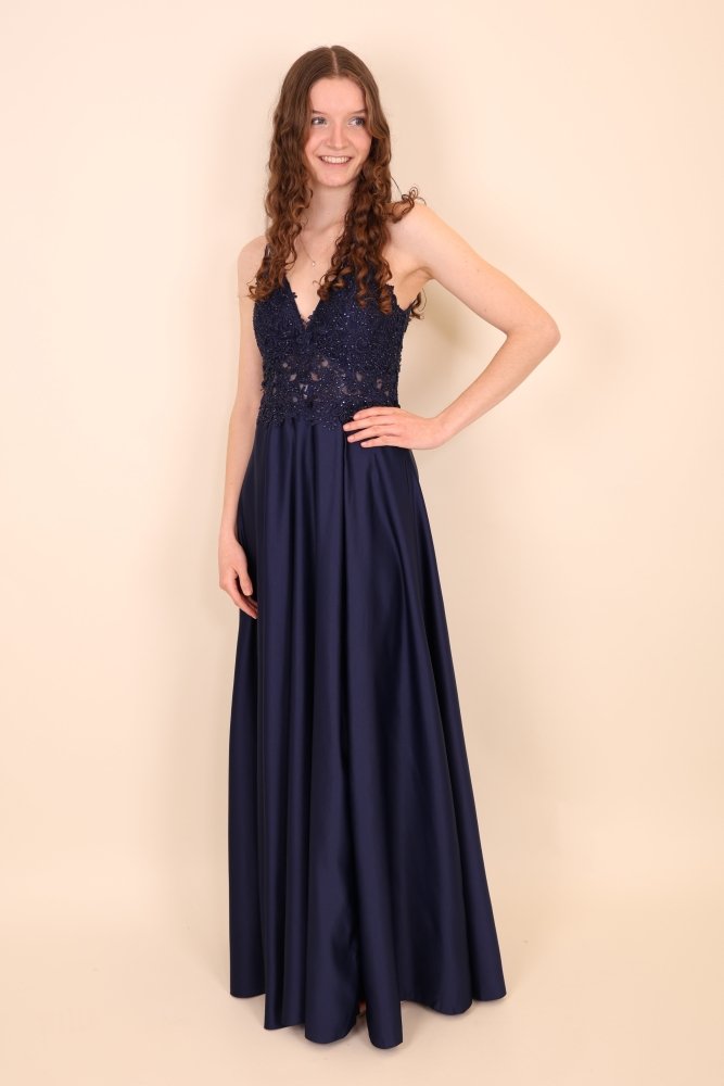 Große Größen Satinkleid mit Rundrückenausschnitt & Schlitz, dunkelblau - Dein Kleiderladen