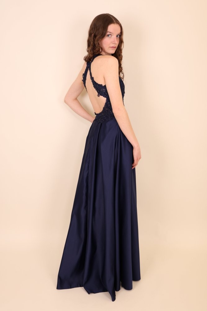 Große Größen Satinkleid mit Rundrückenausschnitt & Schlitz, dunkelblau - Dein Kleiderladen