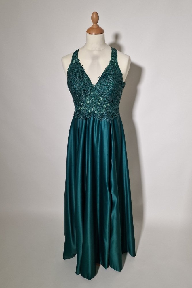 Große Größen Satinkleid mit Rundrückenausschnitt & Schlitz, dunkelgrün - Dein Kleiderladen