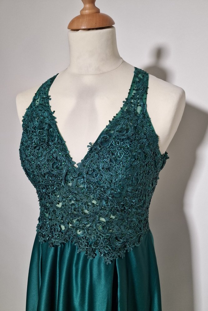 Große Größen Satinkleid mit Rundrückenausschnitt & Schlitz, dunkelgrün - Dein Kleiderladen