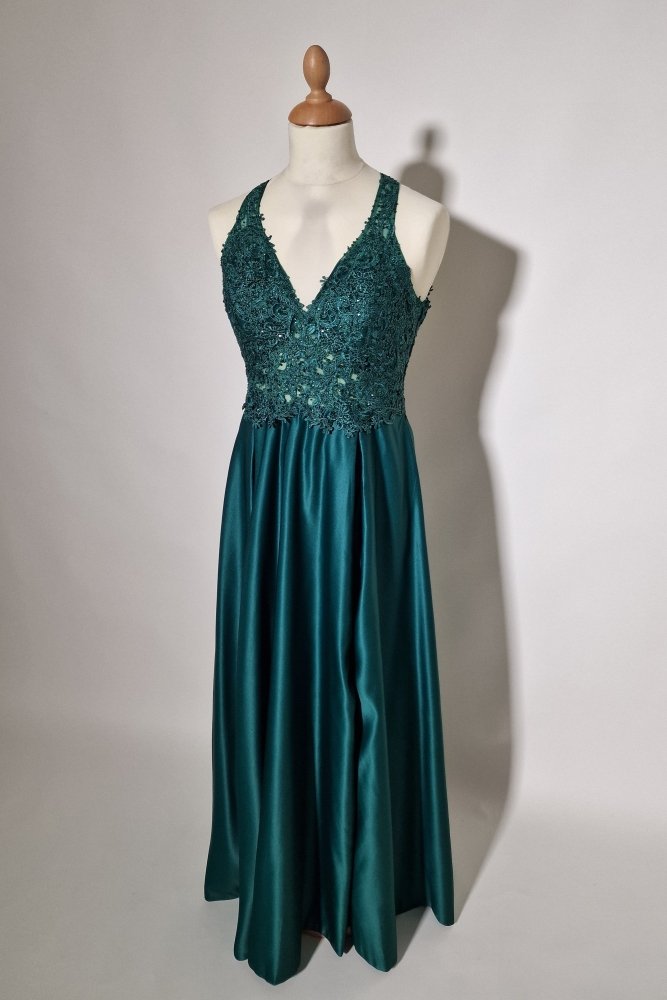 Große Größen Satinkleid mit Rundrückenausschnitt & Schlitz, dunkelgrün - Dein Kleiderladen